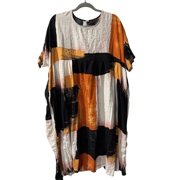 Womens Oversized Abstract Print Cotton/Spandex Maxi Dress Orange/Black/White - Picture 1 of 8